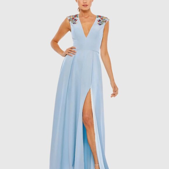 Mac Duggal Beaded Cap Sleeve V Neck A line Gown - French Blue Color - Picture 1 of 7